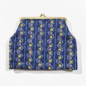 Vintage 70s Quilted Floral Coin Purse Blue Gold Lined Kiss Lock Wallet Small